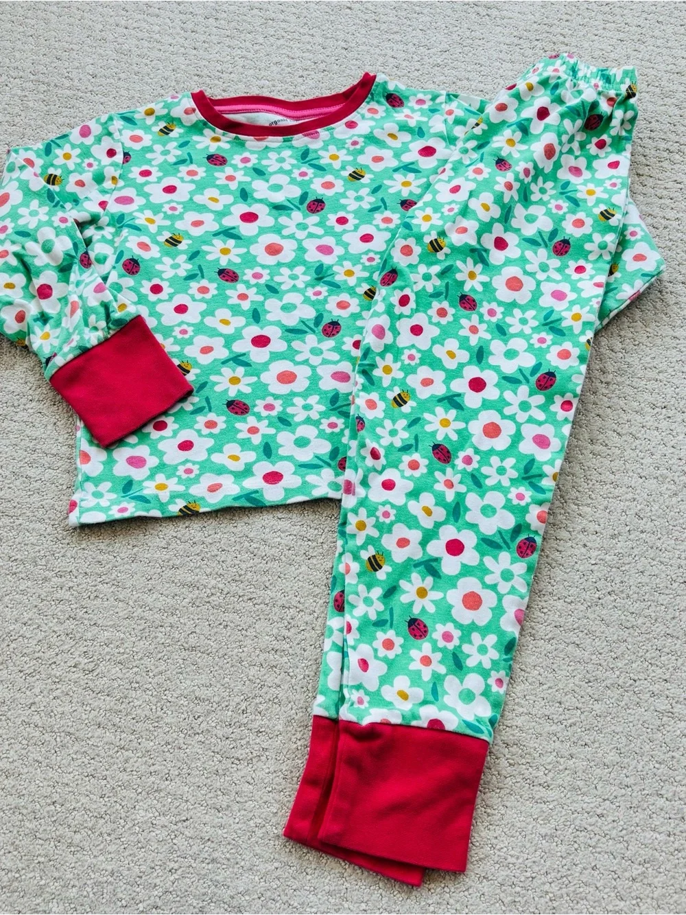 Frugi Kids Floral Garden Pajama Set - Green with Red Trim